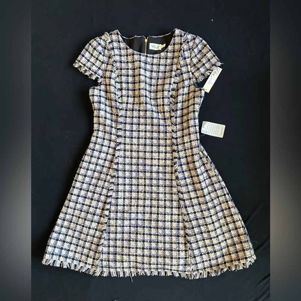 Eliza J jewel neck Tweed Mini Dress with Black grey periwinkle Cap sleeve 14
